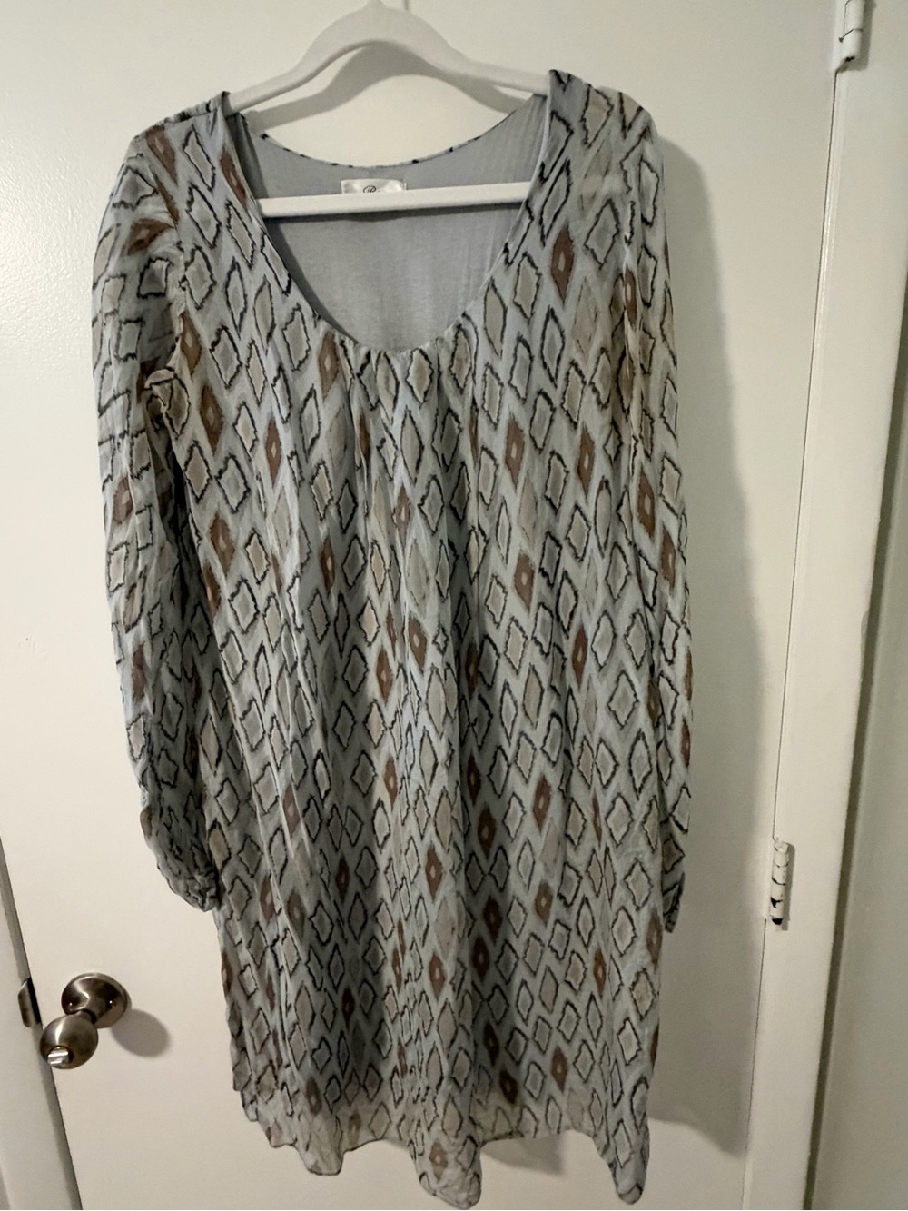 Baci Italian Silk Ikat Tunic Dress Long Sleeve Blue Brown Size S